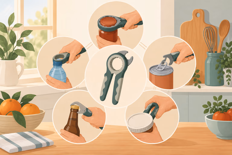 Illustrated overview of the kitchen closure types a 5-in-1 opener is sold to handle; not a product photograph.