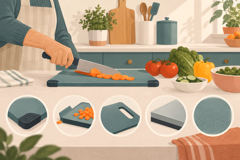 A simple drawn scene of one-handed cutting boards with spikes, jaws and vise holding food in place; not a product photograph.