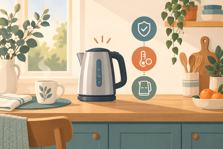 Diagram-style illustration of a kettle with shut-off and boil-dry features labeled beside fill lines and a handle; not a product photograph.