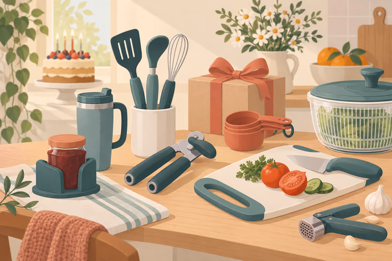 A flat illustration of jar openers, a rocker utensil, built-up handles and a kettle as gift options; not a product photograph.