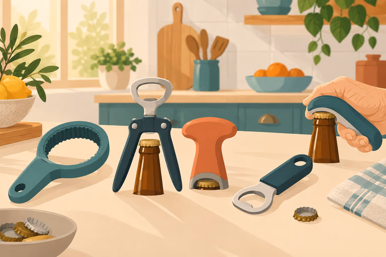 Illustrated lineup of crown caps, twist-offs, pull tabs and jar lids side by side; not a product photograph.