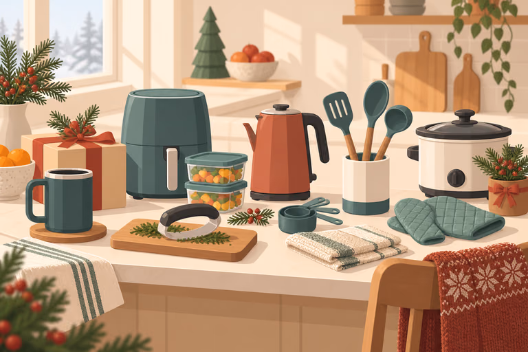 A simple drawn scene of wrapped kitchen gifts — jar opener, kettle and timer under ribbon; not a product photograph.