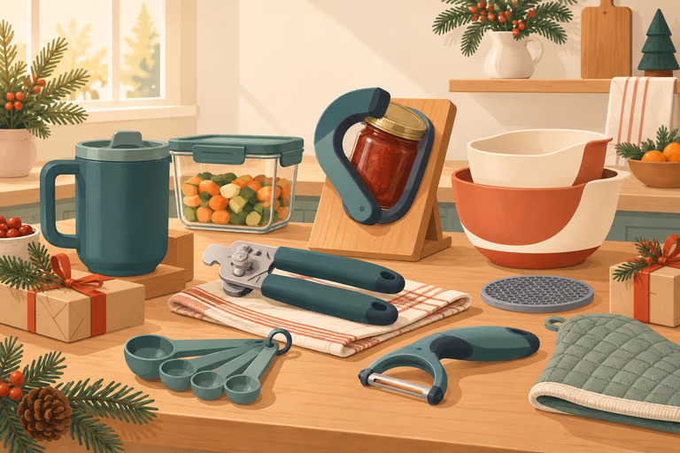 Diagram-style illustration of holiday kitchen gifts for arthritic hands: jar opener, knife, kettle and timer; not a product photograph.