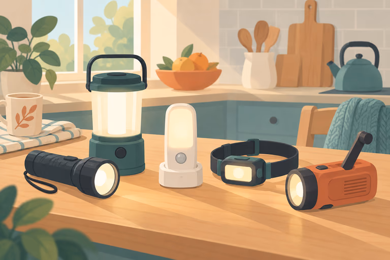 A flat illustration of a lantern, a plug-in failure light and a flashlight glowing in a dark hallway; not a product photograph.