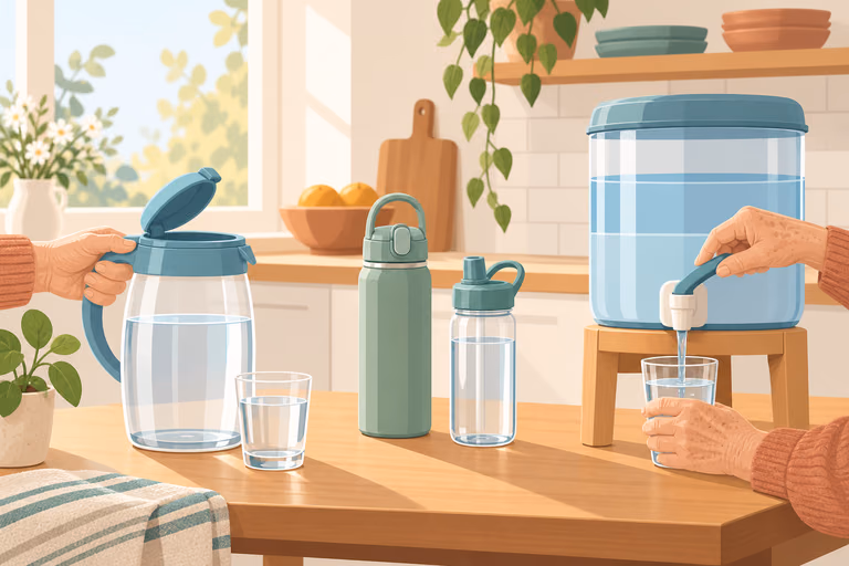 Illustrated set of emergency water containers with wide caps and a spigot; not a product photograph.