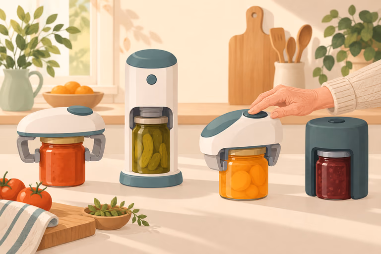A simple drawn scene of an electric jar opener motor beside manual openers on a counter; not a product photograph.