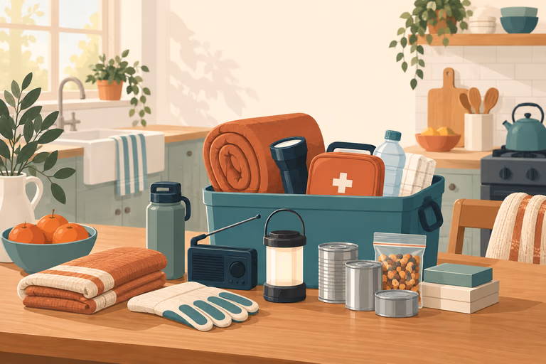 A flat illustration of gift kit layers: a lantern, hand-crank radio, water jugs and a can opener; not a product photograph.