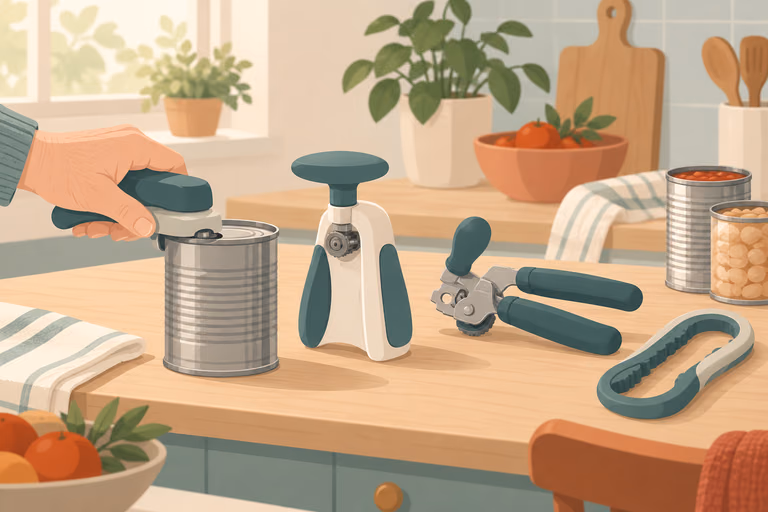 Illustrated range of manual, automatic and countertop can openers; not a product photograph.