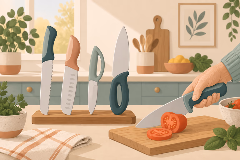 A simple drawn scene of kitchen knives with wide ergonomic handles on a cutting board; not a product photograph.