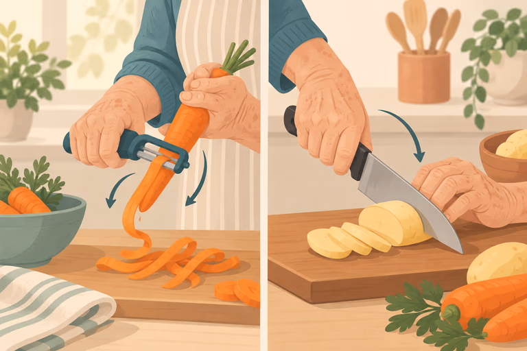 Diagram-style illustration of a swivel peeler and a rocker knife with their hand motions drawn beside each; not a product photograph.