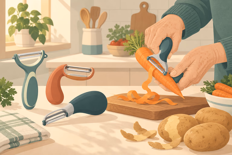 A flat illustration of swivel and Y-shaped peelers with wide handles beside a potato on a board; not a product photograph.