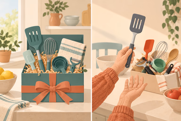 A simple drawn scene of a boxed gift bundle beside a single documented jar opener; not a product photograph.