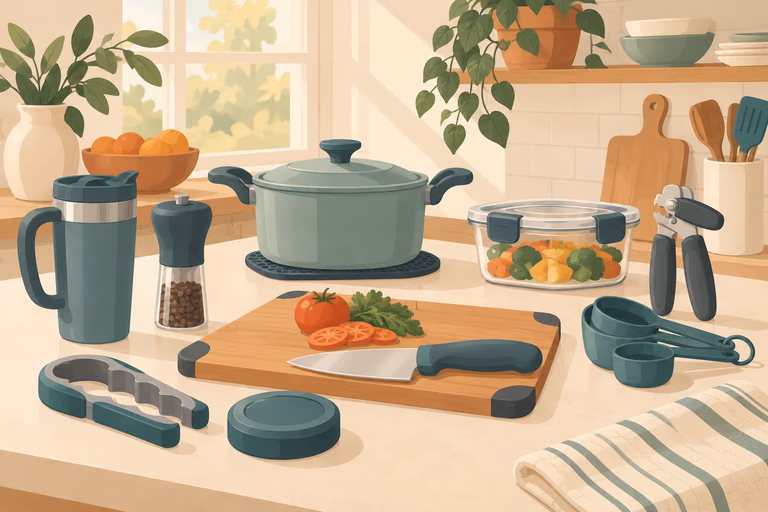Diagram-style illustration of kitchen gift categories: opener set, rocker knife, kettle, timer and cushioned mat; not a product photograph.