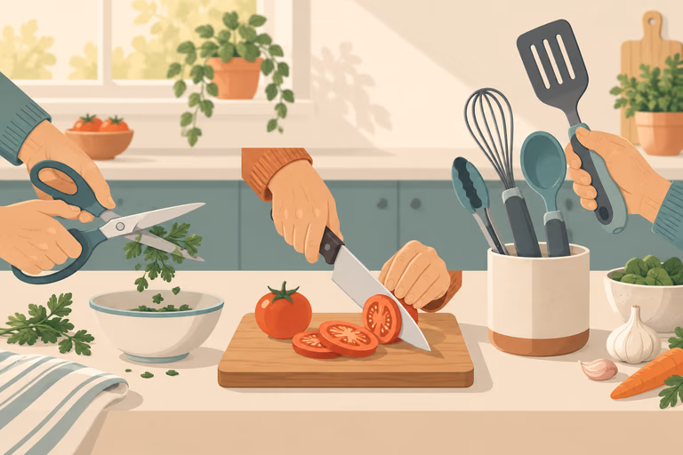 A flat illustration of kitchen shears, a rocker knife and built-up-handle utensils in a row; not a product photograph.