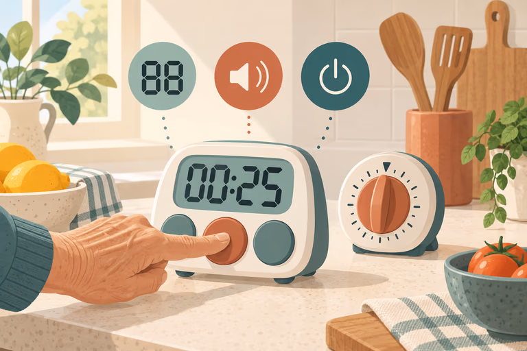 Illustrated close-up of a large-button kitchen timer with oversized digits; not a product photograph.