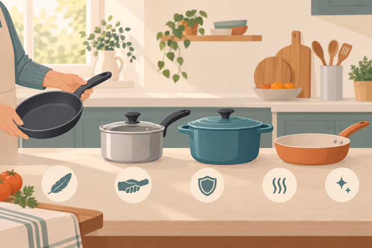 A simple drawn scene of lightweight pots and pans with two handles on a stovetop; not a product photograph.