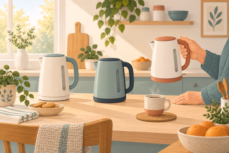 Diagram-style illustration of a lightweight kettle showing empty weight, fill line and handle clearance; not a product photograph.