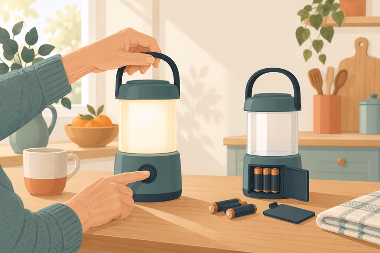 A flat illustration of a lightweight lantern with a large switch and an open battery door; not a product photograph.