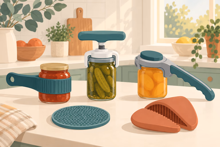 Illustrated arrangement of manual jar grippers and grip pads; not a product photograph.