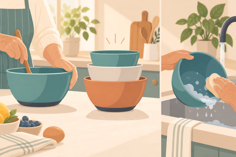 A simple drawn scene of mixing bowls with non-slip base rings on a counter; not a product photograph.