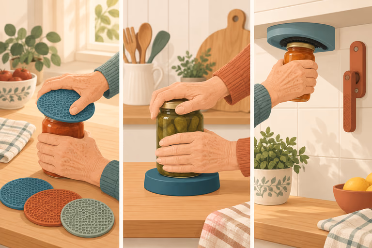 A flat illustration of a silicone jar pad, a base-pad opener and an under-cabinet mount holding a jar; not a product photograph.