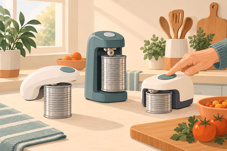 Illustrated view of a one-touch can opener resting on a can; not a product photograph.