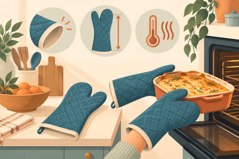 A simple drawn scene of oven mitts with long cuffs beside a baking tray; not a product photograph.