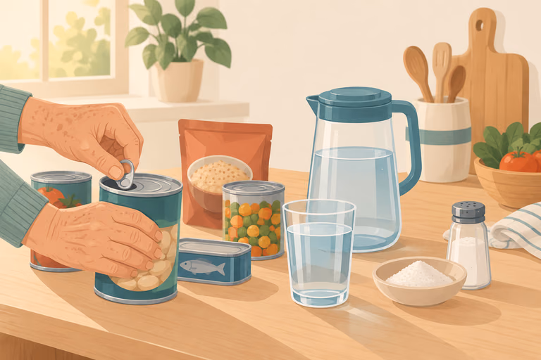 Illustrated spread of ready-to-eat bars, pull-tab cans and pantry food; not a product photograph.