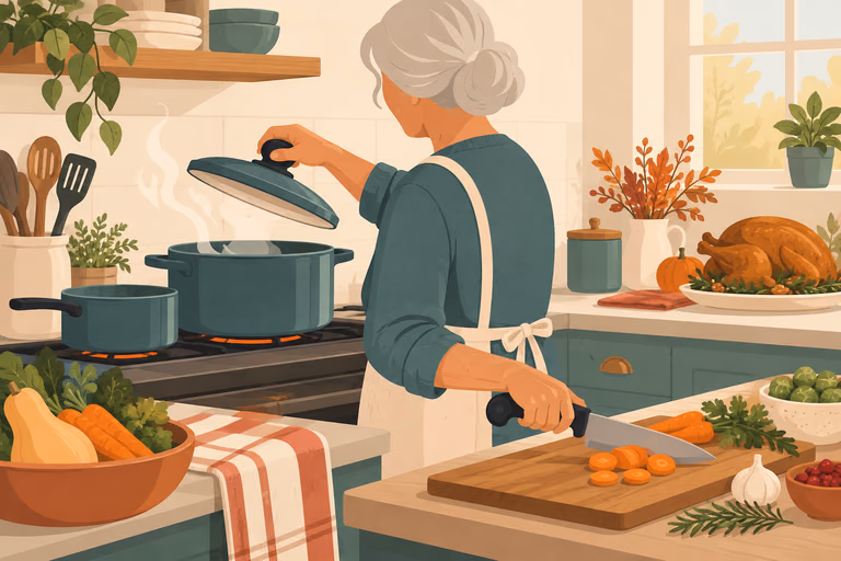 Diagram-style illustration of Thanksgiving stations: stove with timer, jar openers and a prep board; not a product photograph.