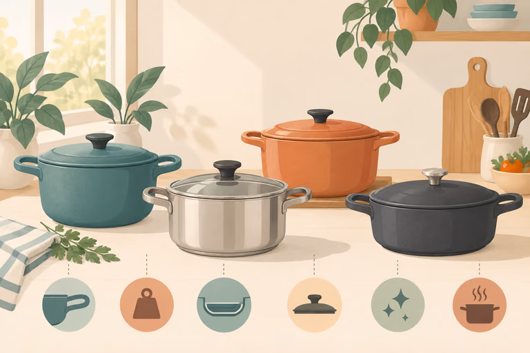 A flat illustration of two-handle stockpots in different sizes, both handles gripped through oven mitts; not a product photograph.