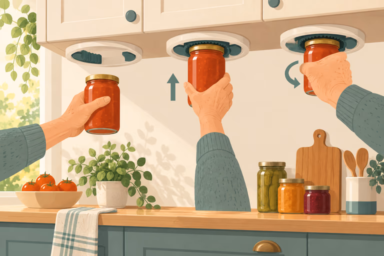 Illustrated mount of a jar opener fixed under a cabinet with a lid in place; not a product photograph.