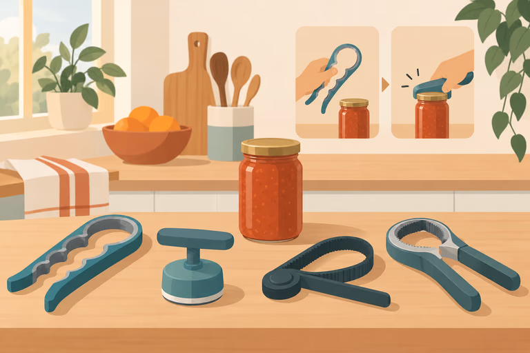 Diagram-style illustration of a jar opener decision path: pad opener, mounted opener and electric opener branches; not a product photograph.