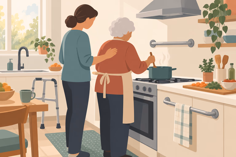 Illustrated kitchen scene with timers, lighting and openers around a stove; not a product photograph.