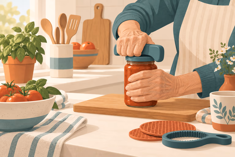 Diagram-style illustration of a jar opening sequence: stabilize, add friction, use an opener; not a product photograph.