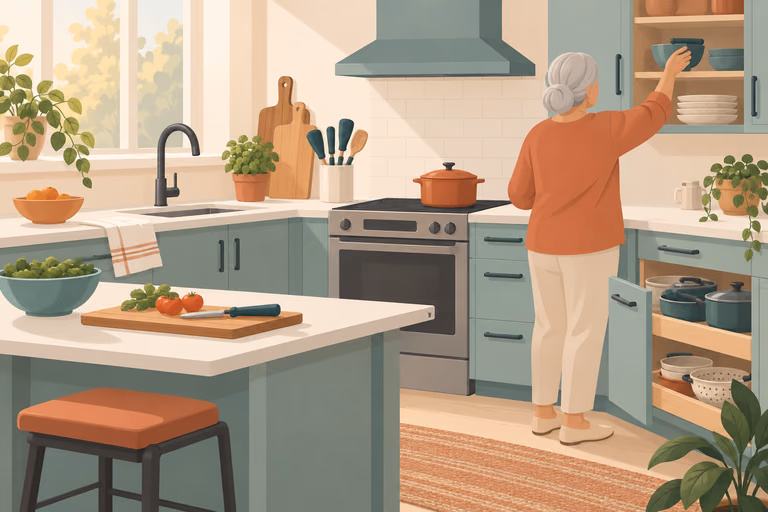 A flat illustration of a kitchen layout with an opener drawer, cutting board, kettle corner and lit hallway path; not a product photograph.
