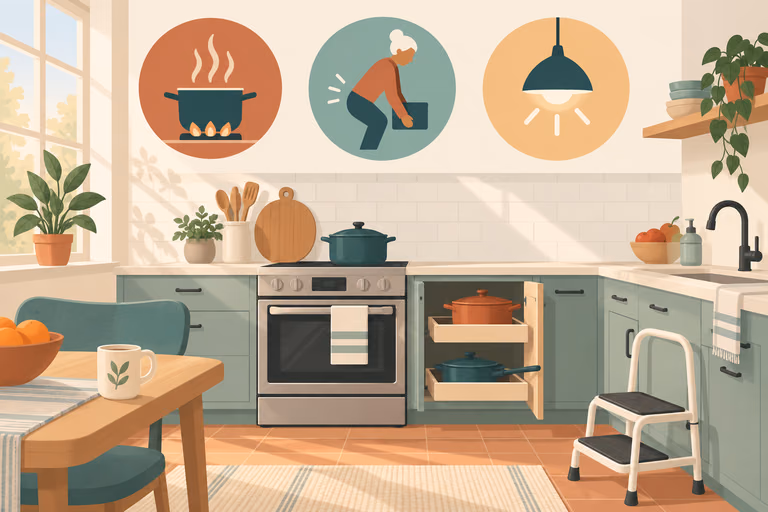 A flat illustration of a kitchen with an attended stove, an audible timer and a lit night path to the door; not a product photograph.