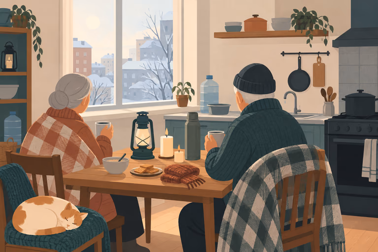 Diagram-style illustration of an apartment in a winter outage: flashlight, fridge, layered clothing; not a product photograph.