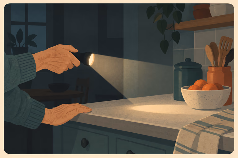 Illustration of an older adult aiming a flashlight at a kitchen counter during a power outage, not a product photograph