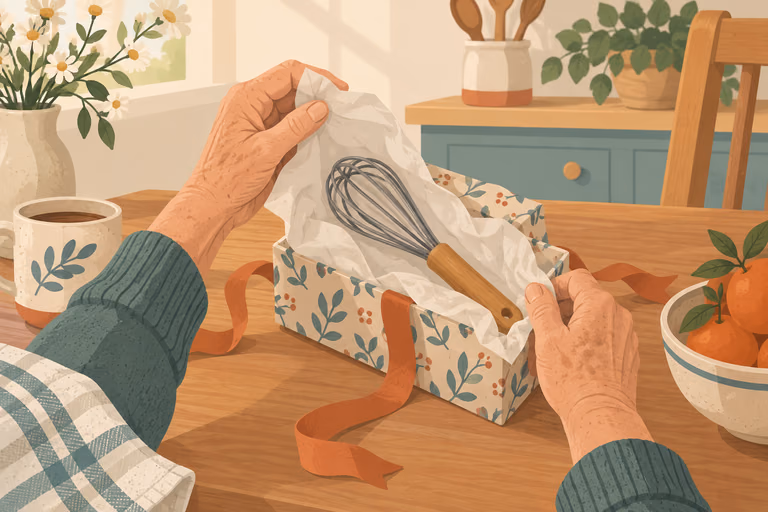 Illustration of an older adult unwrapping a small kitchen-tool gift at a kitchen table, not a product photograph