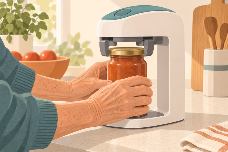 Illustration of an older adult placing a glass jar beneath an automatic jar opener on a kitchen counter, not a product photograph