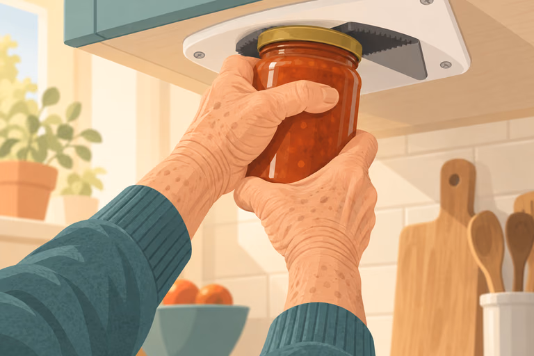 Illustration of an older adult turning a jar held in a mounted under-cabinet opener beneath a kitchen cabinet, not a product photograph