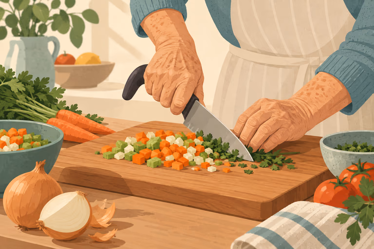 Illustration of an older adult chopping vegetables with a rocking knife motion on a cutting board, not a product photograph