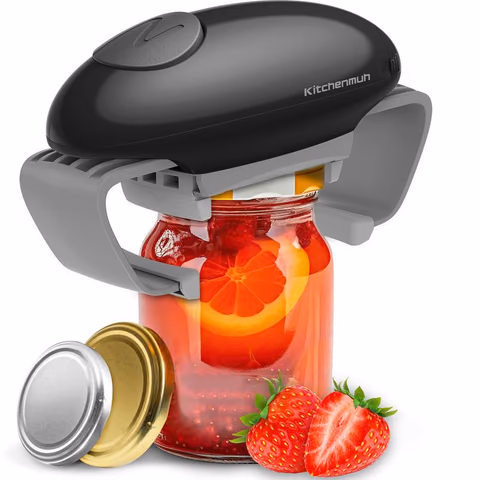 Product photo: KITCHENMUH KC12 automatic jar opener, compact white body with green ring detail (manufacturer image).