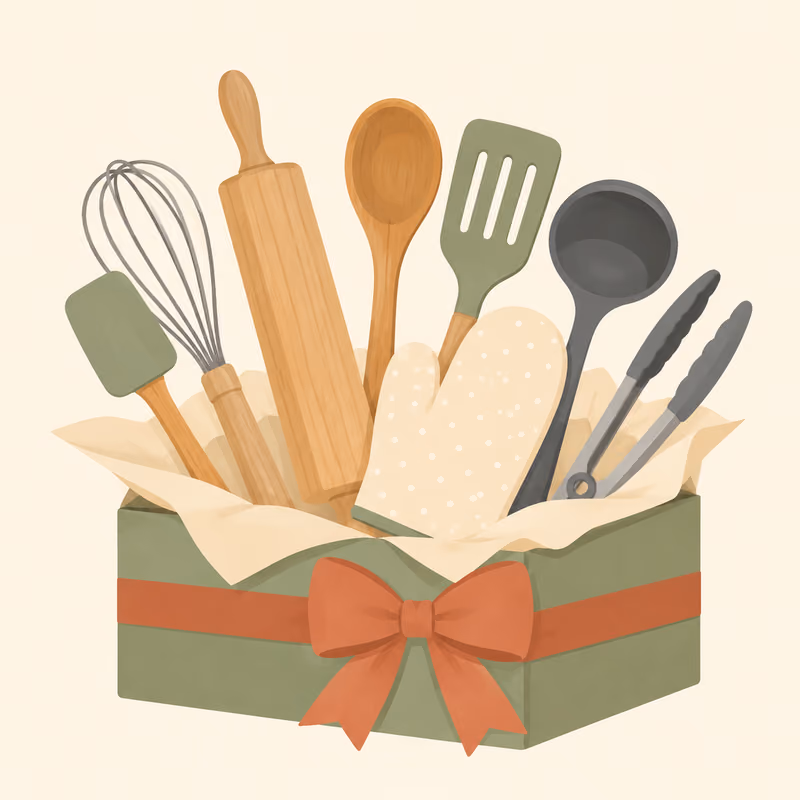 Illustration of a gift box with senior-friendly kitchen tools