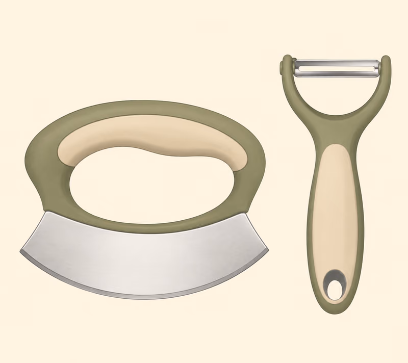 Illustration of ergonomic rocker knife and peeler