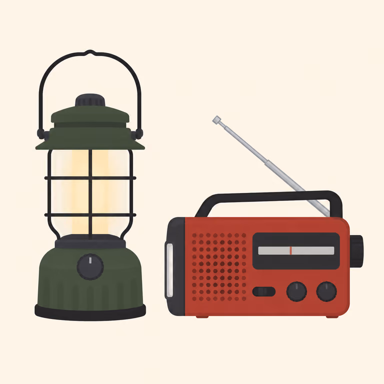Flat editorial illustration of a flashlight beam lighting a kitchen table while room lights are off, not a product photograph.